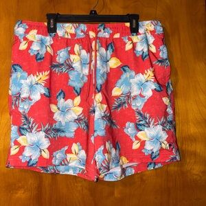 Trinity Red Swim Trunks with Blue & Yellow Floral Print